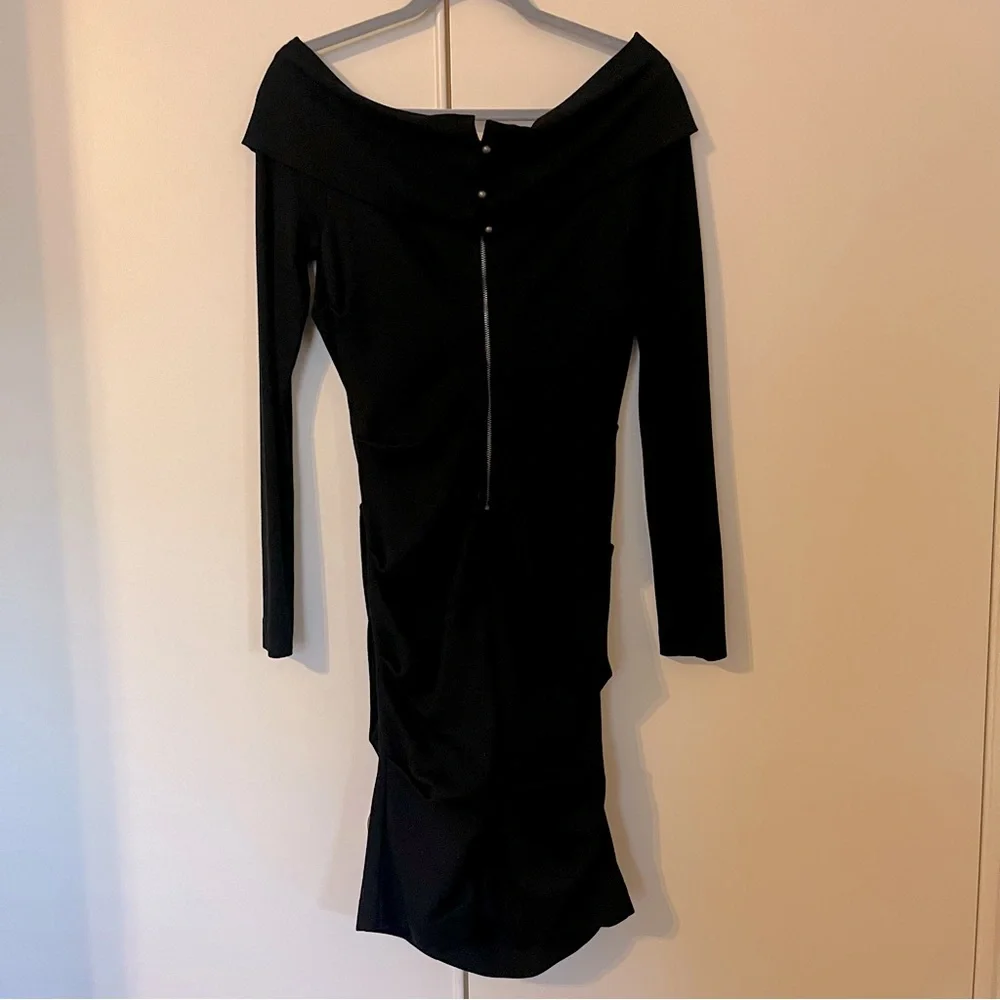Nicole Miller Artelier Cali Ponte Dress Black Ruched Off-Shoulder Bodycon Med - Picture 11 of 14